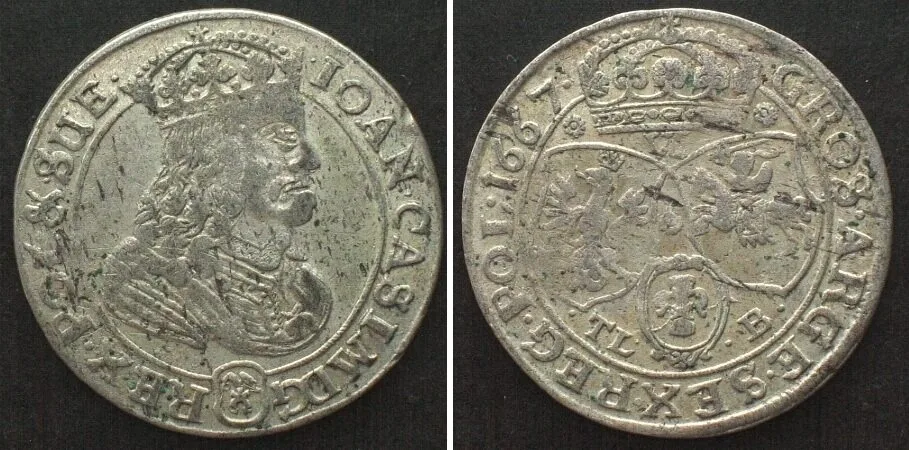 1667 POLAND. 6 Groszy 1667 TLB, Bromberg mint, JOHANN CASIMIR billon SCARCE! XF! EF