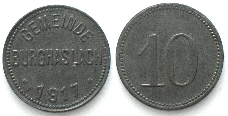 1917 Germany BURGHASLACH (Bavaria) 10 Pfennig 1917, NOTGELD, zinc UNC-
