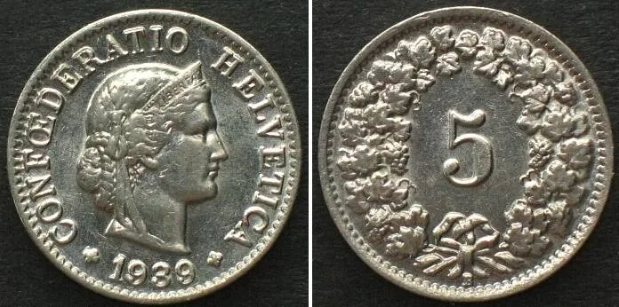 1939 SWITZERLAND 5 Rappen 1939 nickel UNC!