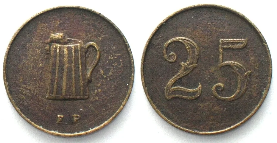 1850 BELGIUM (?). Unattributed beer token 25 cents ND (after 1850) brass, 23mm, VF+