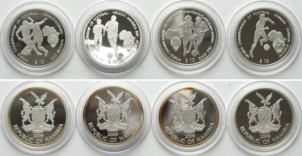 2009 NAMIBIA. Complete Set 4 x 10 $ 2009 FOOTBALL WORLD CHAMPIONSHIP silver RARE! Proof