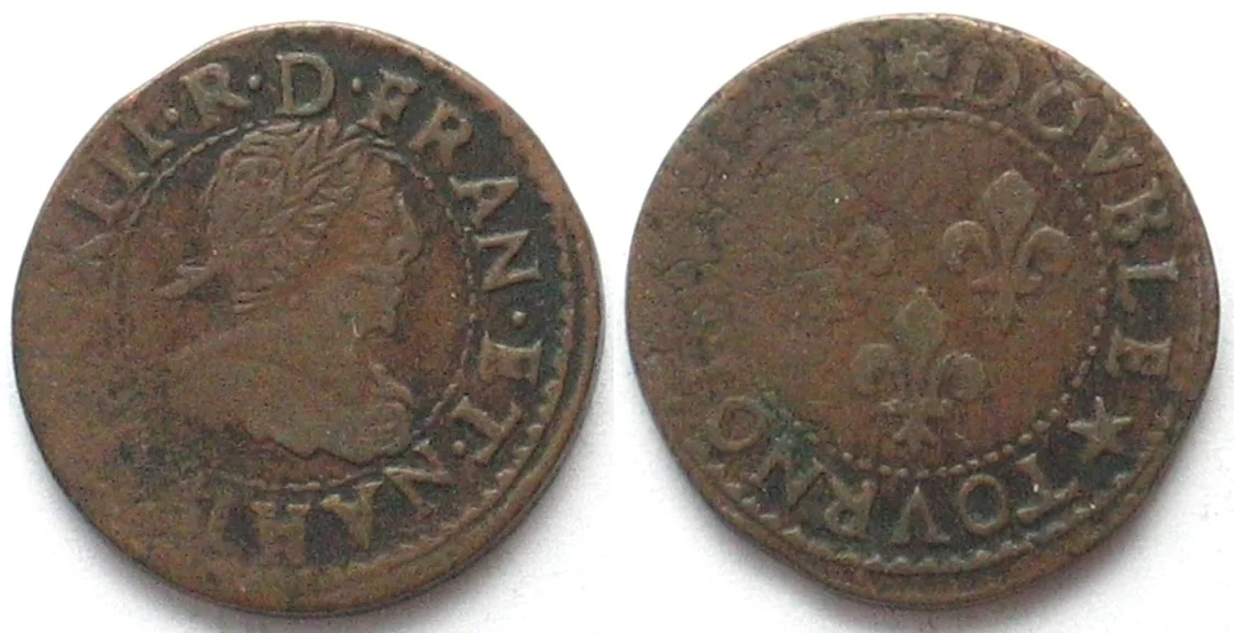 1639 FRANCE Double Tournois 1639 H La Rochelle LOUIS XIII copper VF+