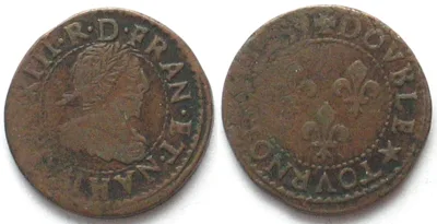 1639 FRANCE Double Tournois 1639 H La Rochelle LOUIS XIII copper VF+
