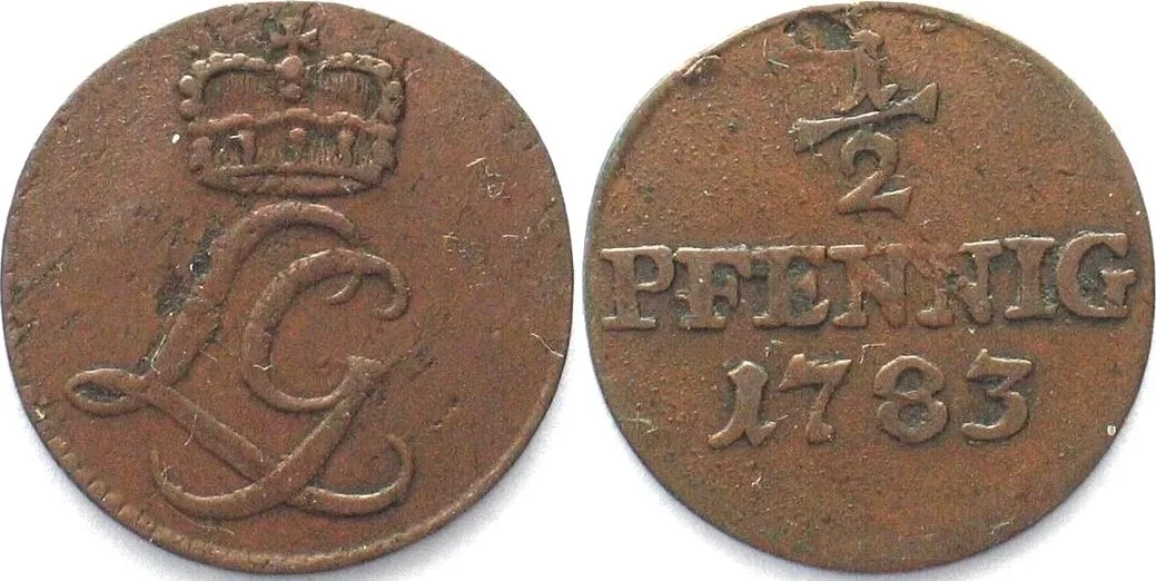 1783 Germany SCHWARZBURG-RUDOLSTADT 1/2 Pfennig 1783 LUDWIG GUNTHER II copper VF
