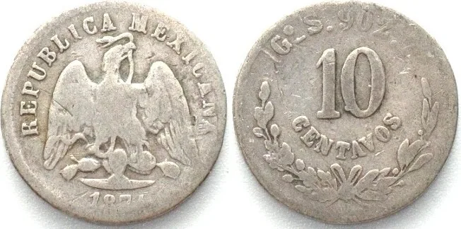 1874 MEXICO. 10 Centavos 1874 Go, silver, F-VF