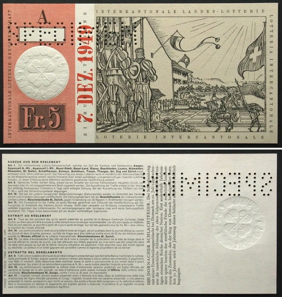 1949 Swisslos INTERKANTONALE LANDES-LOTTERIE - SPECIMEN 5 Francs 1949 RARE! UNC