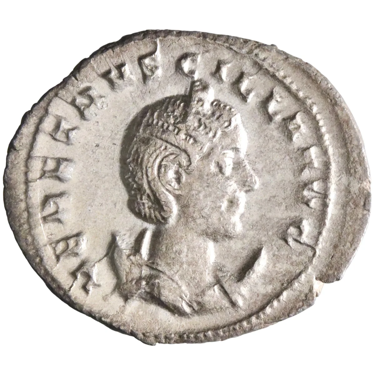 Roman: Herennia Etruscilla (249-251), silver antoninianus (3.84g), Rome mint, 249-251 CE. Pudicitia seated left, holding sceptre and drawing veil from her face.