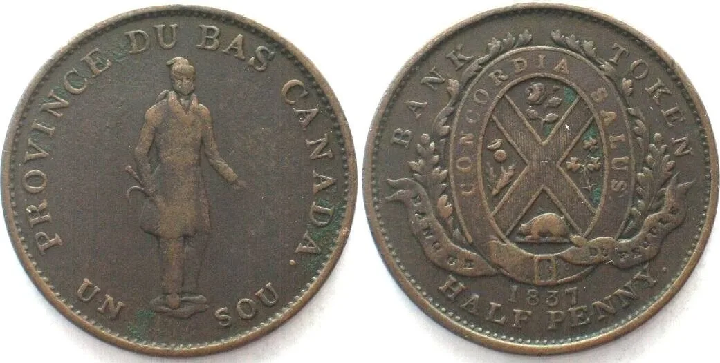 1837 LOWER CANADA 1837 Habitant Halfpenny token 1 Sou BANQUE DU PEUPLE copper SCARCE! VF