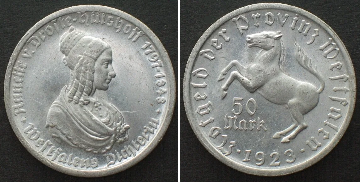 1923 Germany WESTPHALIA. 50 Mark 1923, ANNETTE VON DROSTE-HULSHOFF, Alu, UNC-