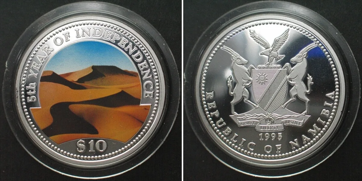 1995 NAMIBIA 10 Dollars 1995 Desert, 5TH ANN. OF INDEPENDENCE silver Proof MULTICOLOR Proof