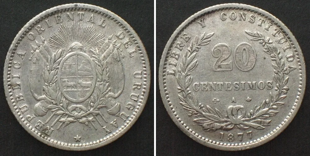 1877 URUGUAY. 20 Centesimos 1877 A, silver XF EF