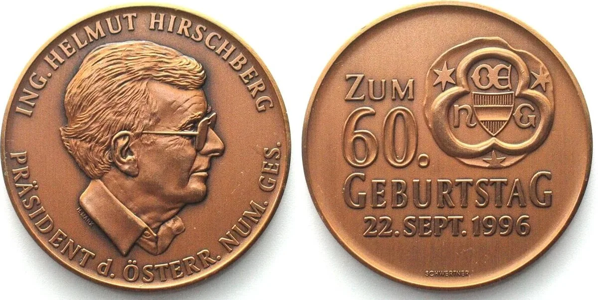1996 AUSTRIAN NUMISMATIC SOCIETY. 60th Birthday of HELMUT HIRSCHBERGER 1996 bronze UNC