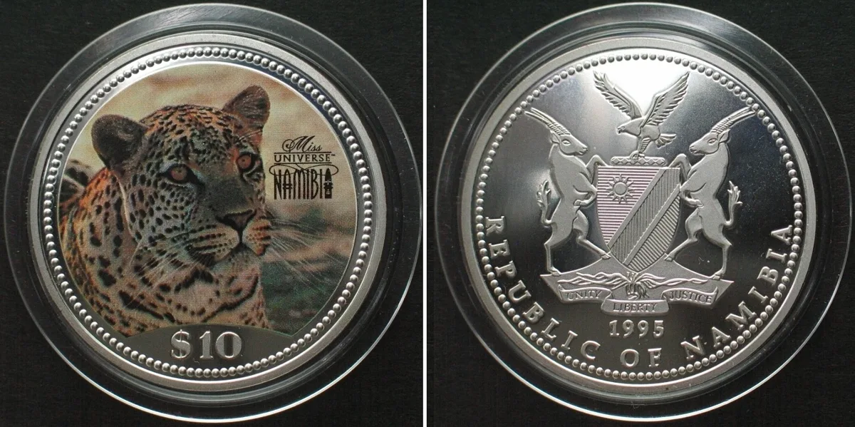 1995 NAMIBIA 10 Dollars 1995 Leopard MISS UNIVERSE silver Proof RARE! Proof
