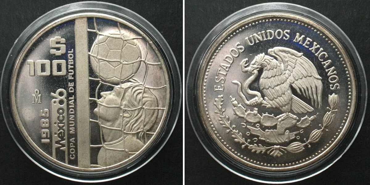1985 MEXICO. 100 Pesos 1985, SOCCER WORLD CUP MEXICO'86, silver Proof