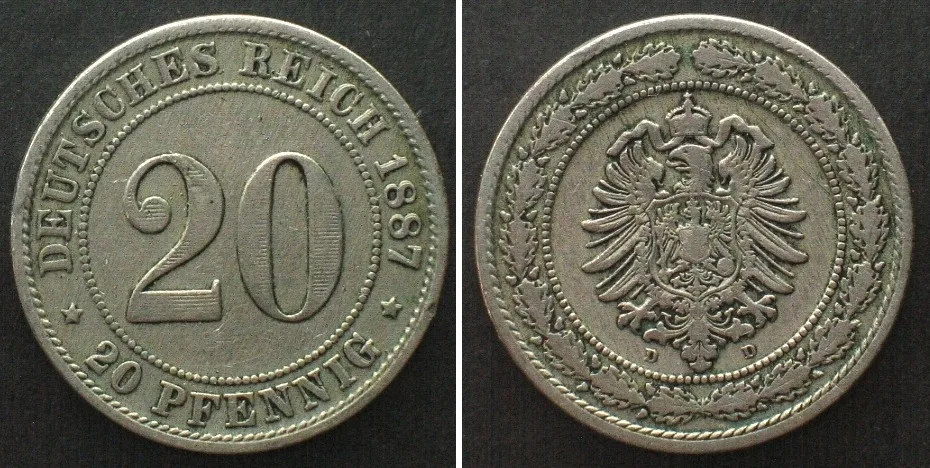 1887 Germany EMPIRE 20 Pfennig 1887 D, Cu-Ni, VF