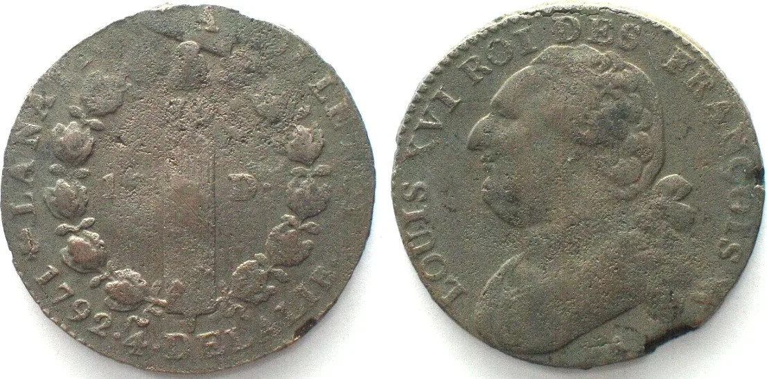 1792 France CONSTITUTION. 12 Deniers 1792 A, LOUIS XVI, type FRANCOIS, AU!