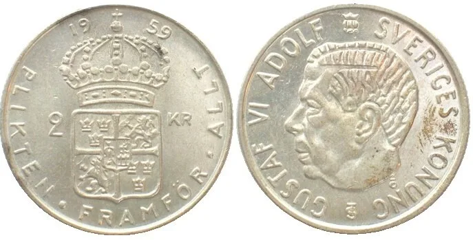 1959 SWEDEN 2 Kronor 1959 GUSTAF VI ADOLF silver PROOFLIKE SPECIMEN Prooflike