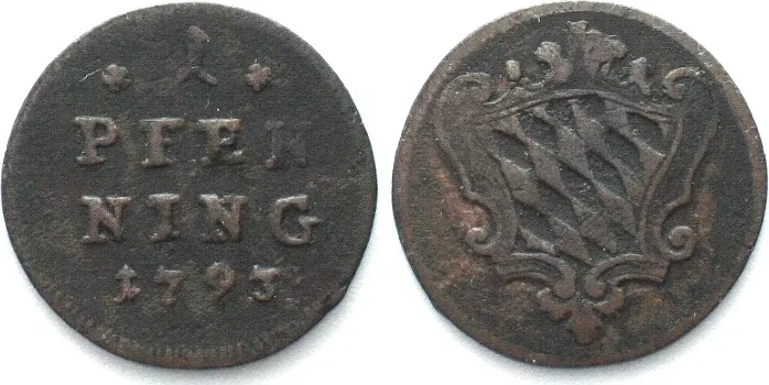 1793 German States BAVARIA Pfennig 1793, KARL THEODOR, copper VF+