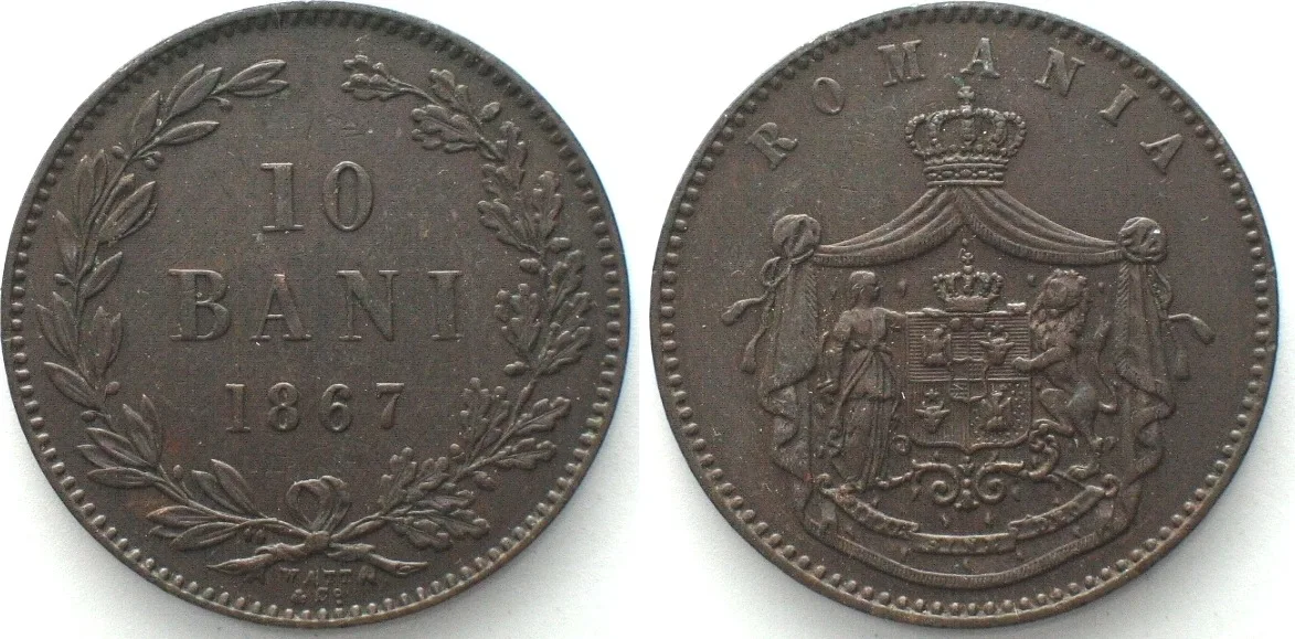 1867 ROMANIA. 10 Bani 1867 Watt & Co., CAROL I copper UNC-!