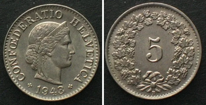 1943 SWITZERLAND 5 Rappen 1943 Cu-Ni UNC!