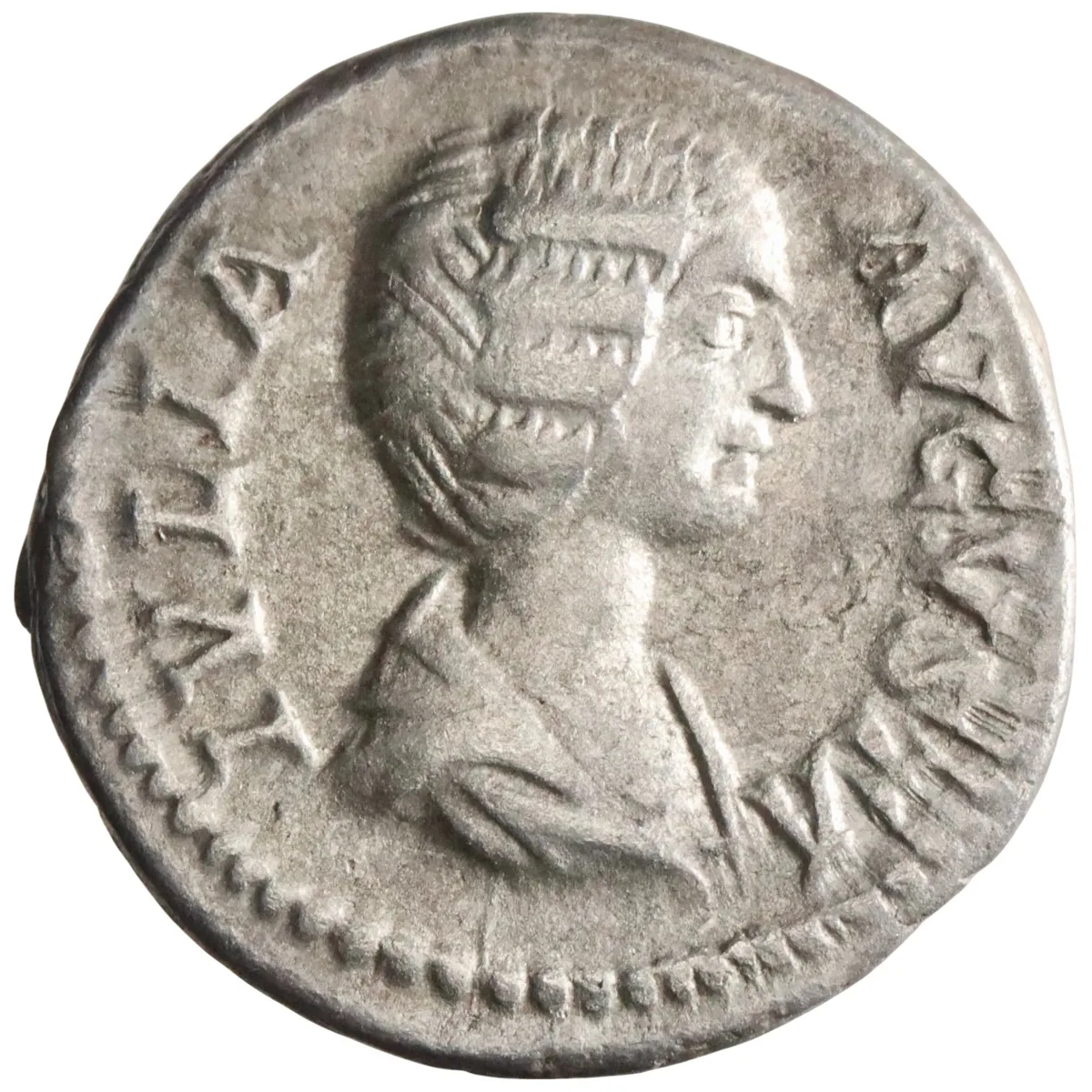 Roman: Julia Domna (193-217), silver denarius (3.21g), Rome mint, 196-211 CE. Draped bust / Pietas standing, dropping incense on lit altar on left and holding box.