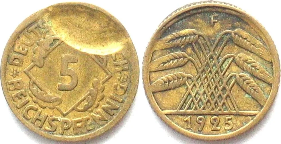 1925 WEIMAR REPUBLIC 5 Reichspfennig 1925 F - MINT ERROR VF+