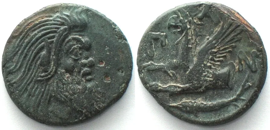 310-303 CIMMERIAN BOSPOROS. Pantikapaion, AE 22mm 310-303 BC, Pan / griffin sturgeon XF EF