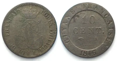 1846 FRENCH GUIANA. 10 Centimes 1846 A, Louis-Philippe I, billon, VF