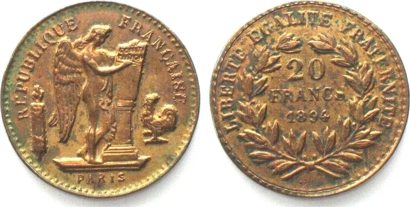 1894 FRANCE. Brothel token 20 Francs 1894 PARIS, brass covered cardboard, AU