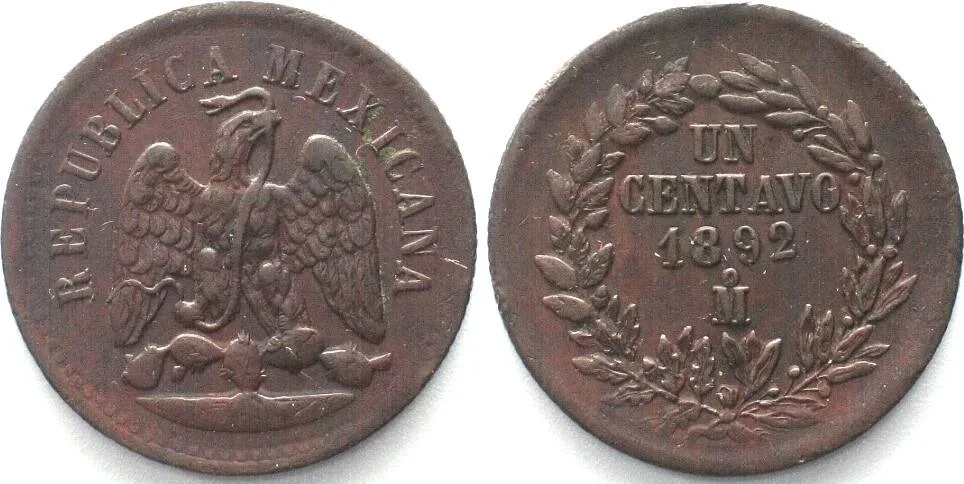 1892 MEXICO. 1 Centavo 1892 Mo, copper, AU!