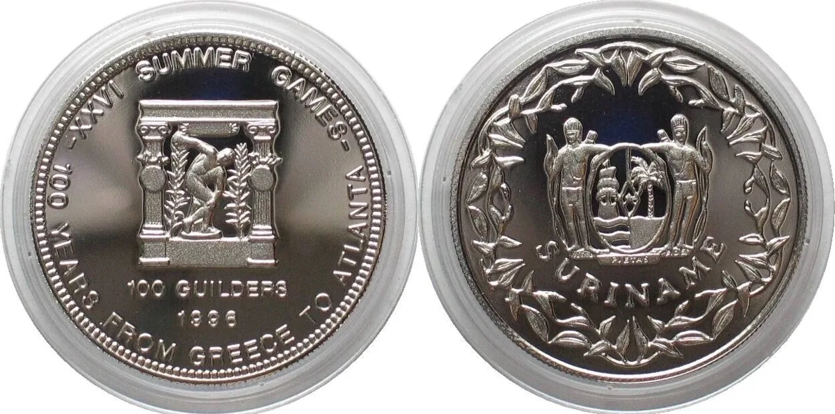 1996 SURINAME 100 Guilders 1996 OLYMPIC GAMES DISCUS THROWER Cu-Ni SCARCE! Proof