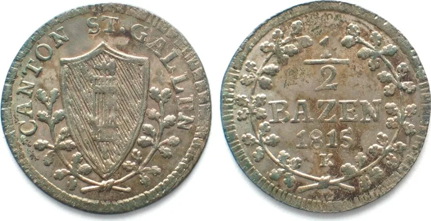 1815 Swiss Cantons SAINT GALL, Canton. 1/2 Batzen 1815 K billon UNC!!!