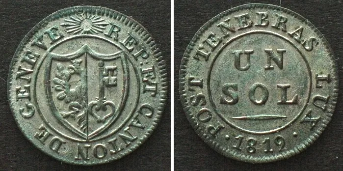 1819 Swiss Cantons GENEVA Sol 1819 billon UNC!!!