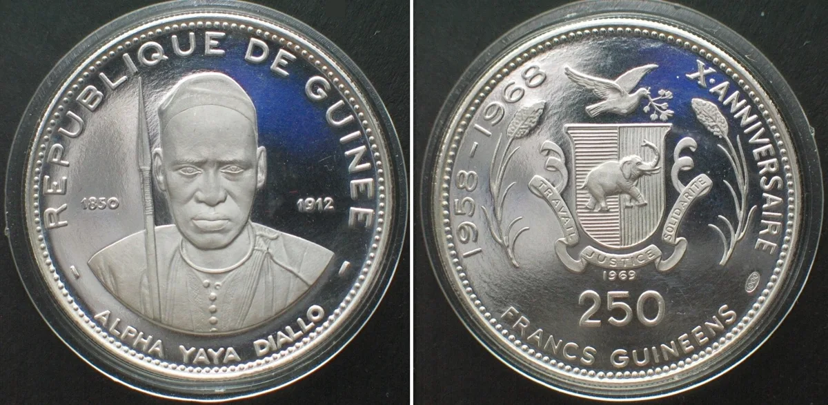 1969 GUINEA 250 Francs 1969, Alpha Yaya Diallo, 10TH ANN. OF INDEPENDENCE, silver Proof