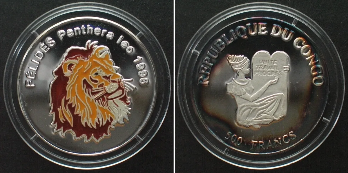 1996 CONGO REPUBLIC. 500 Francs 1996 LION silver COLORED Proof