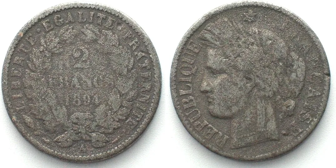 1894 FRANCE 2 Francs 1894 A, Contemporary counterfeit, lead/tin alloy VF-