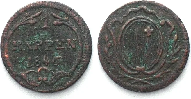 1846 Swiss Cantons SCHWYZ Rappen 1846 copper VF+