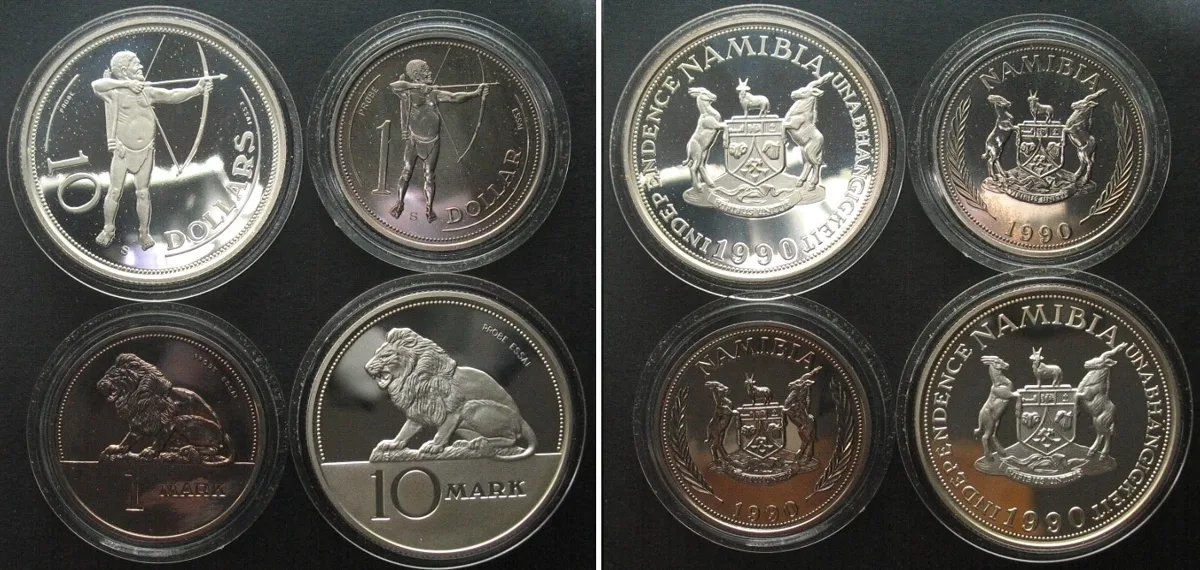 1990 NAMIBIA. Set ESSAI - 1 & 10 $, 1 & 10 Mark 1990, Cu-Ni & silver, PATTERNS, RARE! Proof