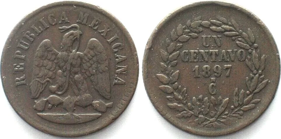1897 MEXICO. 1 Centavo 1897 Cn, small N, Culiacan mint, copper, XF! EF