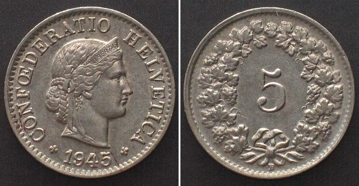 1945 SWITZERLAND 5 Rappen 1945 Cu-Ni SCARCE!!! UNC!