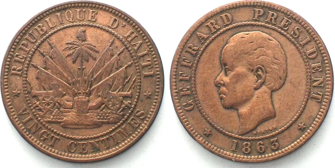 1863 HAITI. 20 Centimes 1863 Heaton PRESIDENT GEFFRARD bronze VF+