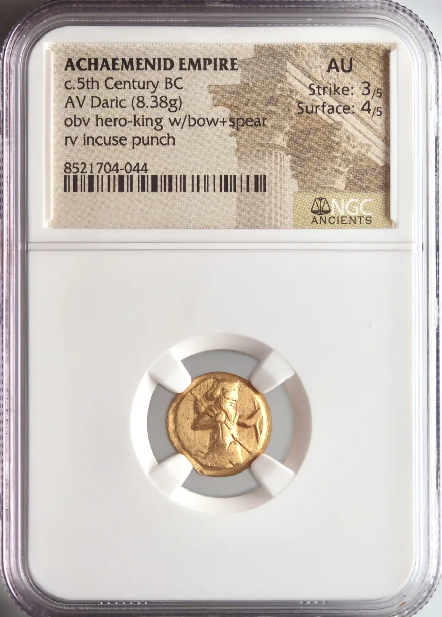 Achaemenid Empire: Darios I to Xerxes II, gold daric (8.38g), Sardes mint, 485-420 BCE. Persian king or hero holding spear and bow. NGC AU 3/5 4/5.
