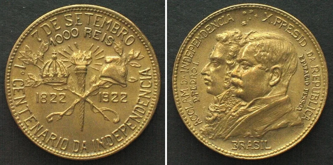 1922 BRAZIL 2000 Reis 1922, INDEPENDENCE CENTENNIAL, Al-Bro UNC-!