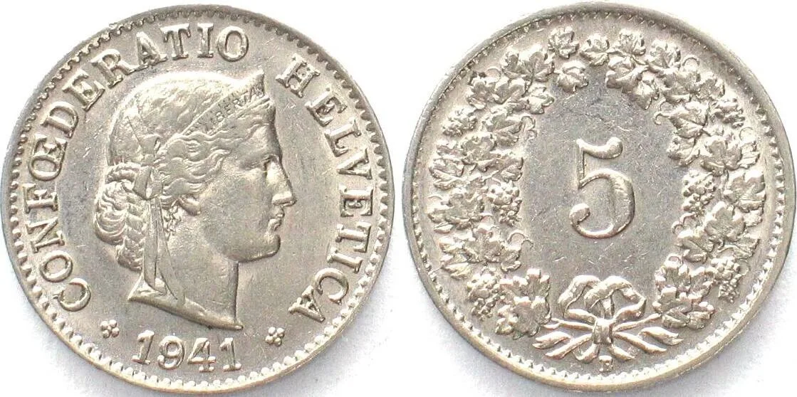 1941 SWITZERLAND 5 Rappen 1941 nickel UNC!