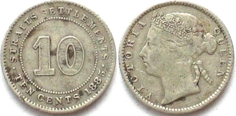 1885 STRAITS SETTLEMENTS 10 Cents 1885 VICTORIA silver VF+ KEY DATE! VF+