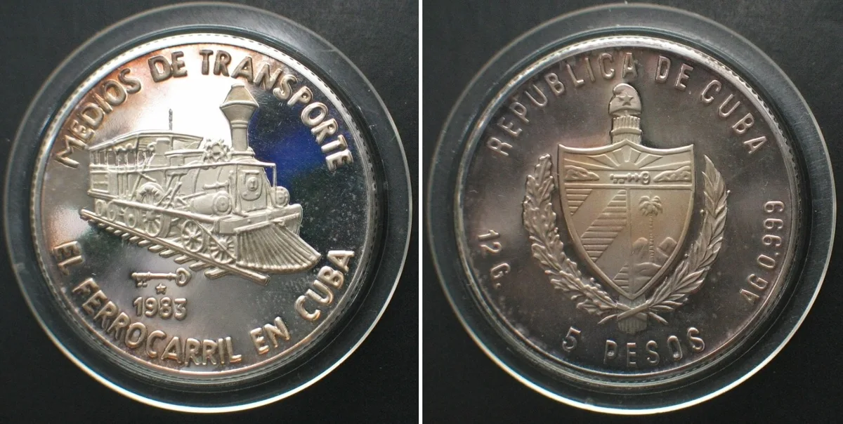 1983 CUBA 5 Pesos 1983 Railways TRANSPORTATION silver Proof