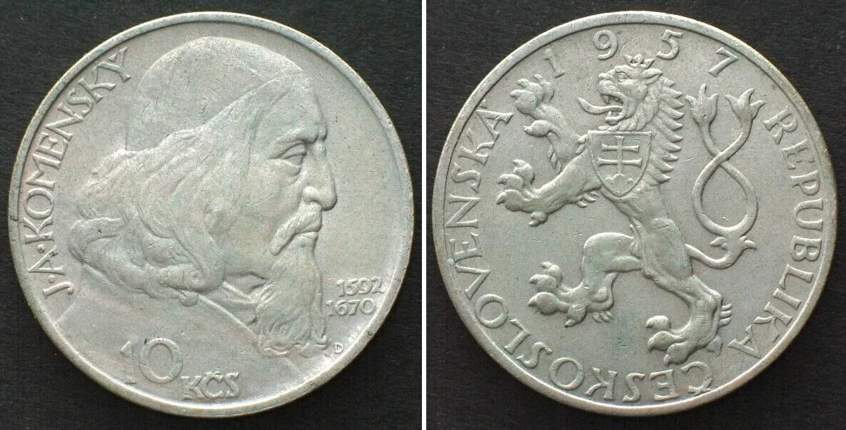 1957 CZECHOSLOVAKIA 10 Korun 1957 J.A.KOMENSKY BOHEMIAN BROTHERHOOD silver UNC-