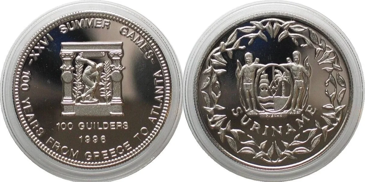 1996 SURINAME 100 Guilders 1996 OLYMPIC GAMES DISCUS THROWER Cu-Ni SCARCE! Proof