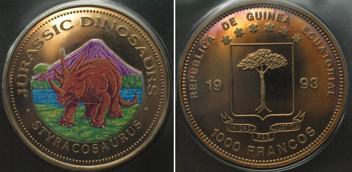 1993 EQUATORIAL GUINEA 1000 Francos 1993 Styracosaurus DINOSAURS Cu-Ni COLORED Proof