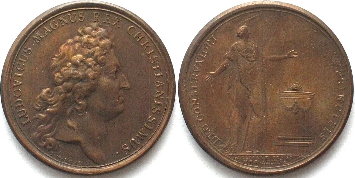 1687 1687. LA GUÉRISON DU ROI. AE Medal by Mauger 41mm AU